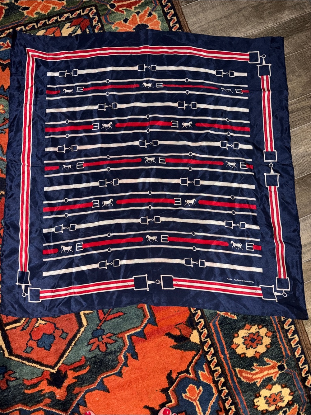 Vintage A. Cussonne Moonbat Japan Equestrian Silk Scarf Navy Red White Striped